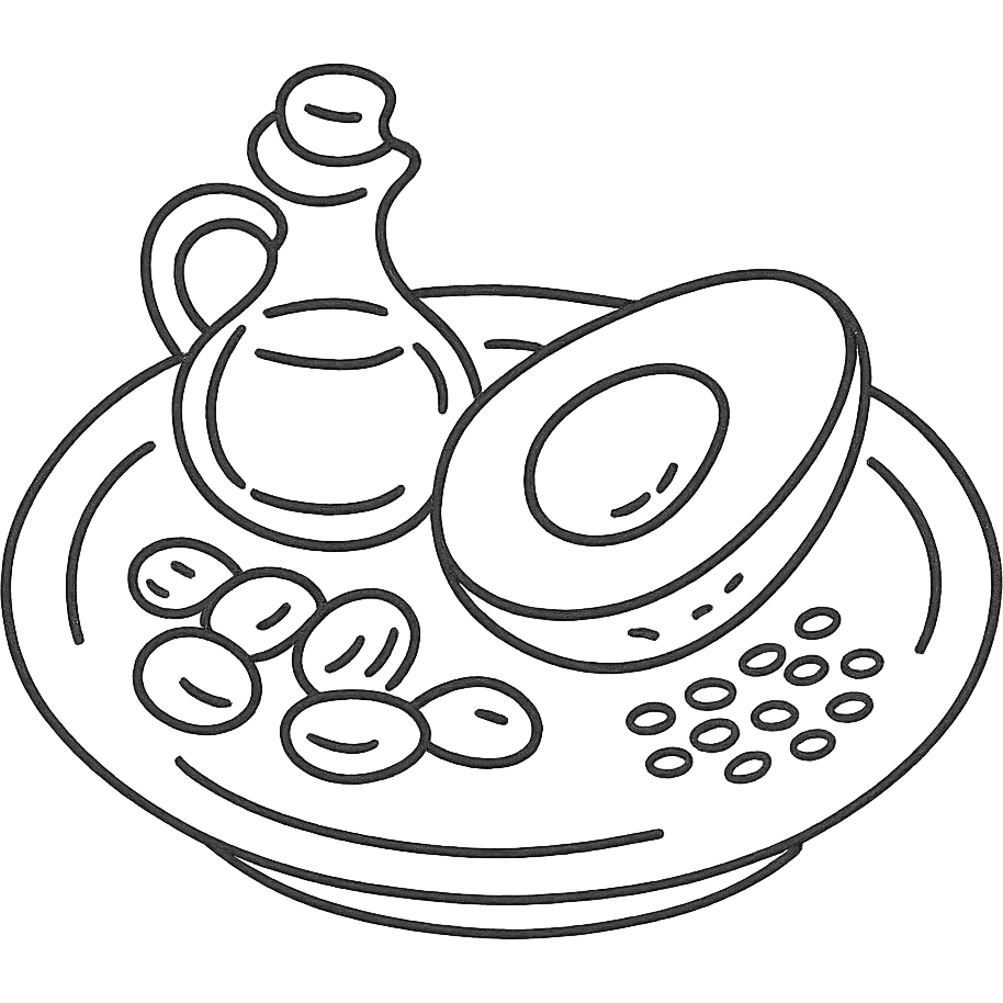 plate with avocado, nuts, olive oil, and seeds emoji