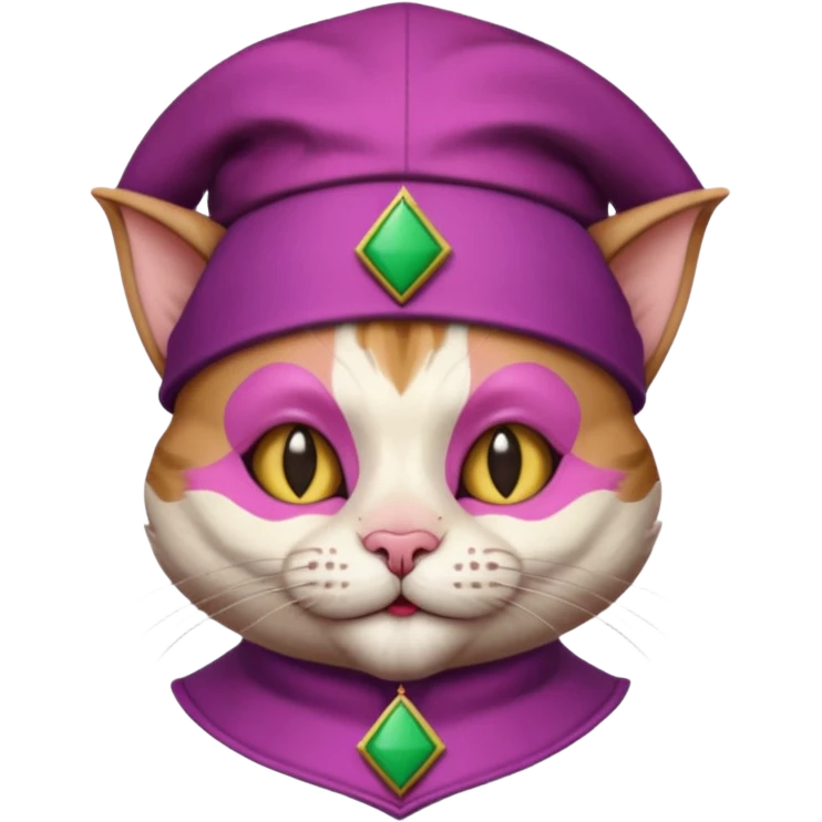court jester cat medieval, single poker card joker clearly visible, pink, face only, round badge,  court jester cap emoji