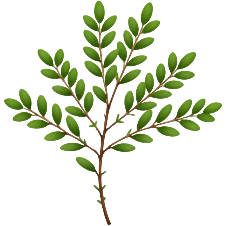 sprig of thyme, thin green stems, clusters of tiny oval deep green leaves, delicate, woody base, dense, soft lighting, emoji scale emoji