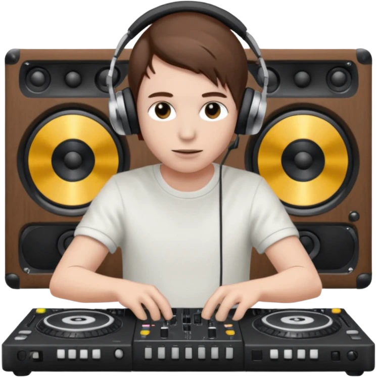 White skin dj mixing with dj booth, headphone on head, no cap, not bald, brown hair  emoji
