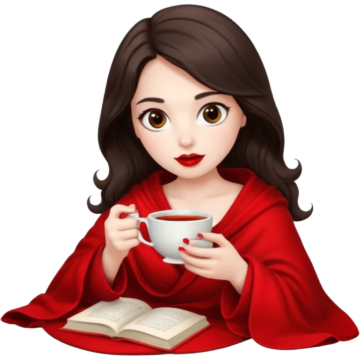 Long wavy dark brown haired, white skinned, dark big eyed girl with red lipstick wrapped in a red blanket, sipping tea and reading a book emoji