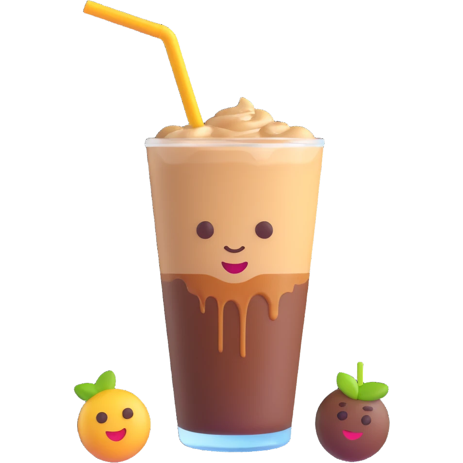 A 3D style emoji of Vietnamese iced coffee with a glass, straw, and a coffee drop on the glass, emphasizing the straw and the coffee drips. emoji