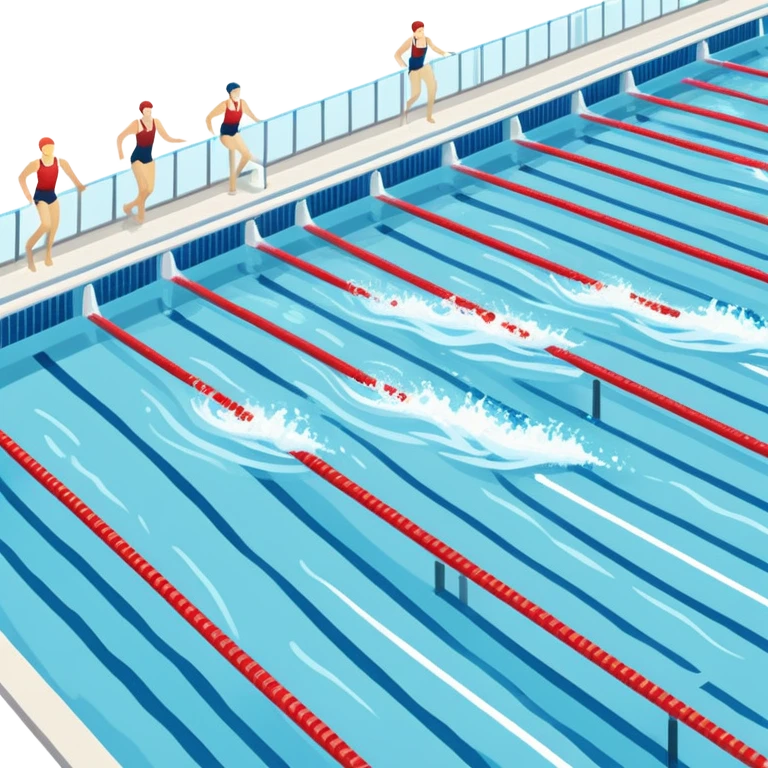 An icon featuring an Olympic swimming pool with multiple lanes and swimmers racing side by side. Splashes and lane dividers highlight the competition atmosphere. Transparent background emphasizes the energy, speed, and intensity of professional swimming events. emoji