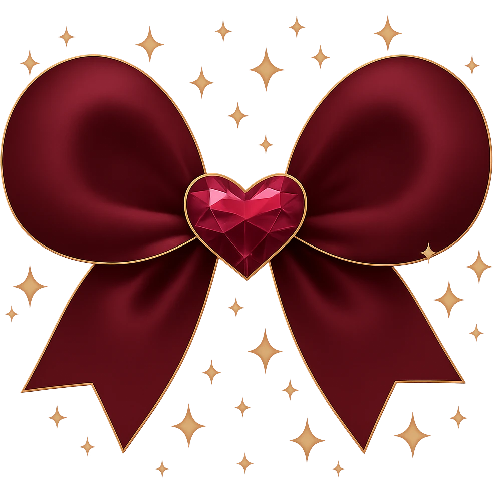 Change the sparkly pink bow with a heart, stars, and gold outline to a burgundy color, keeping the gold outline and stars intact. The background should be transparent. emoji