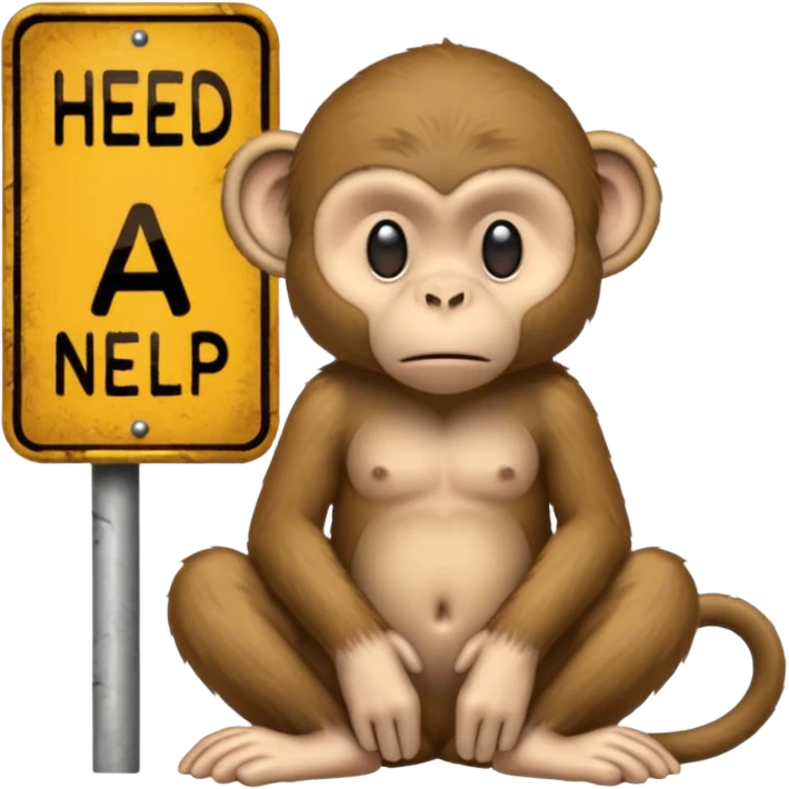 Sad Monkey sitting beside a 'heed nelp 🥺' sign, emoji