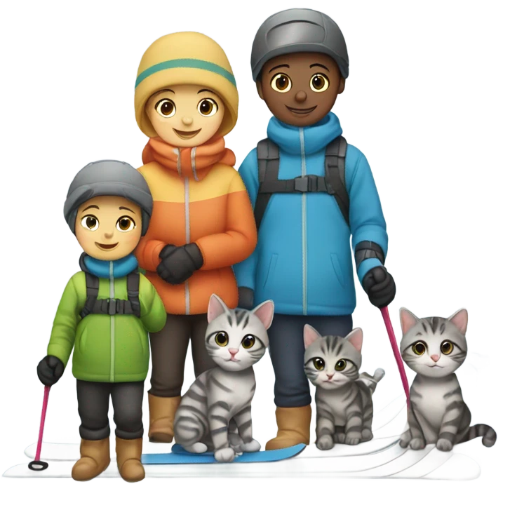 Infant skiing with its family of five, and their grey striped cat emoji