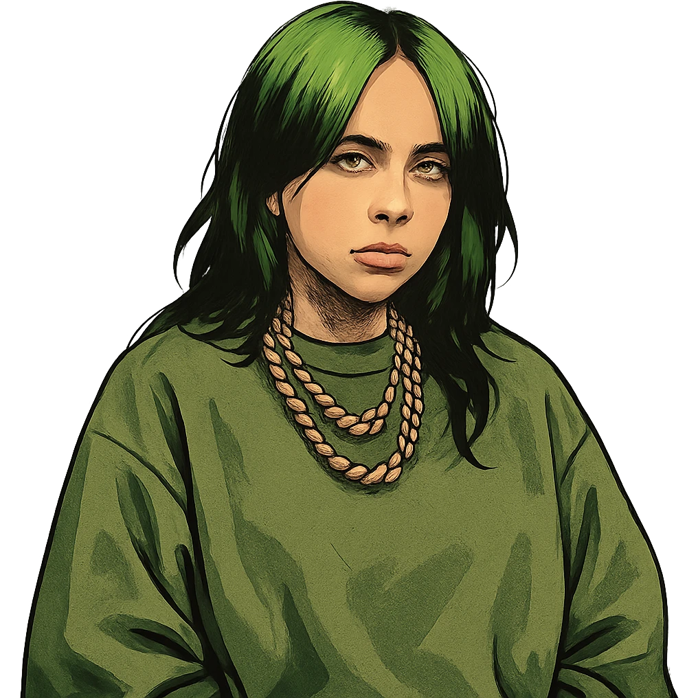 stylized portrait of Billie Eilish with green hair, oversized clothing, moody expression, pop star vibe emoji