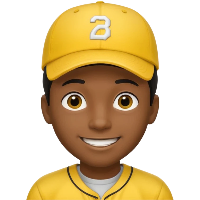 A man with dark skin tone, wearing a bright yellow baseball cap, short black hair mostly covered by the cap, large brown eyes, and a wide smile. emoji