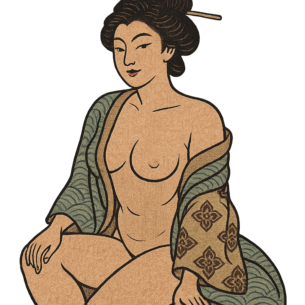 ukiyo-e inspired illustration of a confident adult woman, suggestive emoji