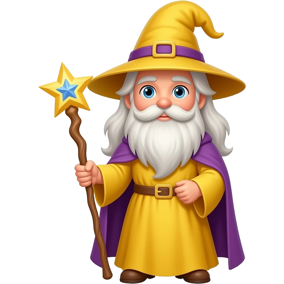 wizard in vibrant yelllow ddress with magic stick and beared emoji