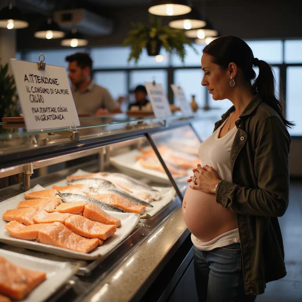 realistic pregnant woman in 4K approaching the fish counter in a modern fish market, notices the sign with the text: “Attenzione, il consumo di salmone crudo può comportare rischi in gravidanza” and moves away from the salmon. emoji