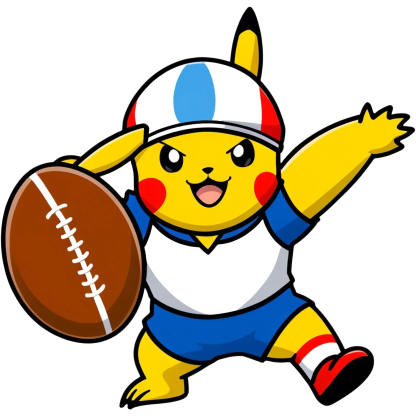 Hot handsomeb muscular 6ft tall smiling happy clean shaven Ash Ketchum playing rugby with Pikachu emoji