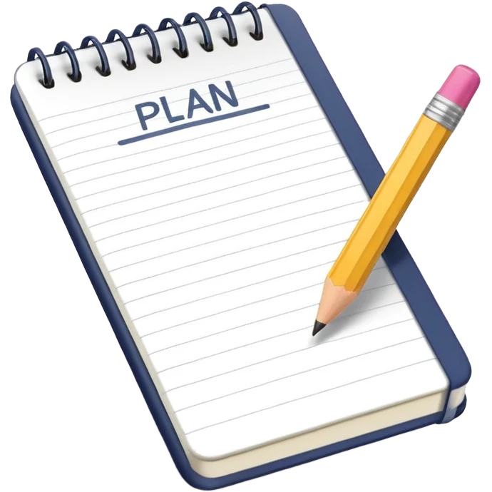 Emoji of a notebook with a pencil and the word “PLAN” written on the cover, iPhone emoji style. Flat design, smooth gradients, rounded edges, soft shadows, clean look, white background. emoji