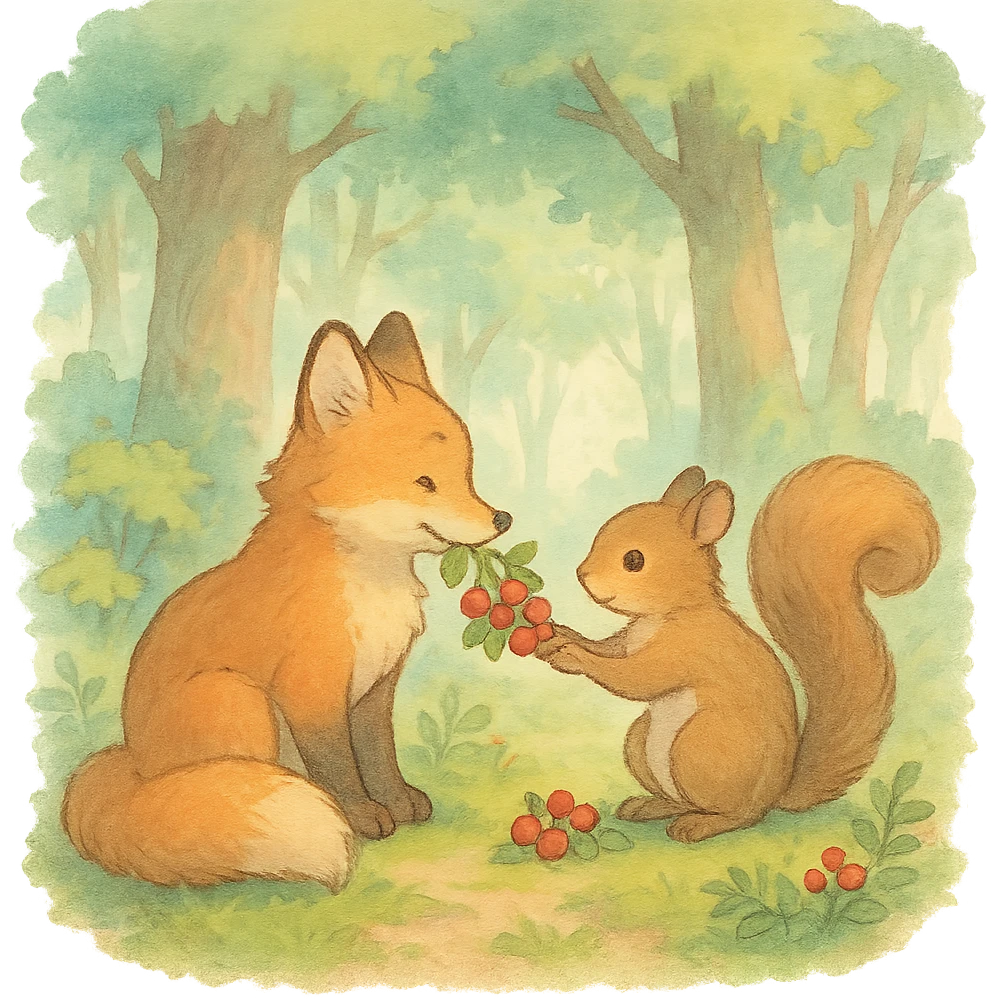 fox and squirrel sharing berries in a forest friendship scene, soft pastel colors, ghibli style emoji