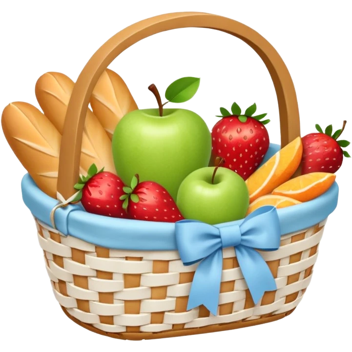 A white Picnic basket with pastel blue bow，contained baguettes and fruit, emoji