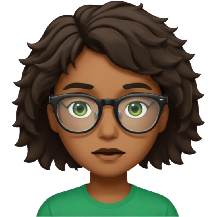 Garçon brun avec des cheveux ondulés courts, peu un peu claire, des yeux verts foncés, un t shirt noir et des lunettes rectangulaires transparentes qui est fou emoji