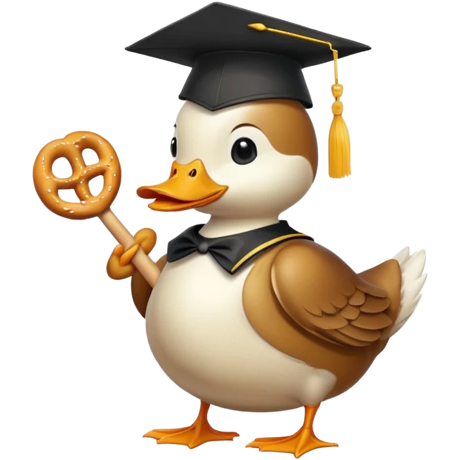 duck wearing bread shaped like a graduation cap and holding a pretzel emoji