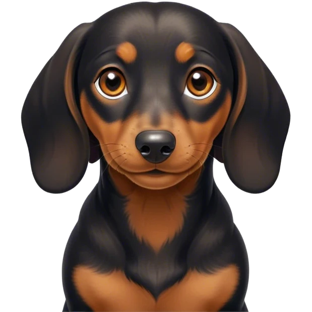 Cinematic Cute black and tan Dachshund Portrait Emoji, Head tilted playfully and inquisitively, featuring a glossy black and tan coat with a sleek sheen, round, sparkling brown eyes filled with curiosity, Simplified yet irresistibly adorable features, highly detailed, glowing with a warm, friendly glow, high shine, affectionate and spirited, stylized with a touch of whimsy, bright and endearing, soft glowing outline, capturing the essence of a mischievous yet loving pup, so playful it feels like it could dash out of the screen and into your arms! emoji