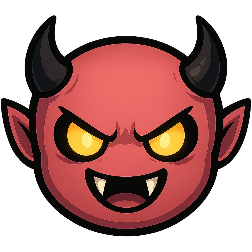 devil emoji in chibi style with pink and black colors, sharp fangs, glowing eyes, dramatic shadows emoji