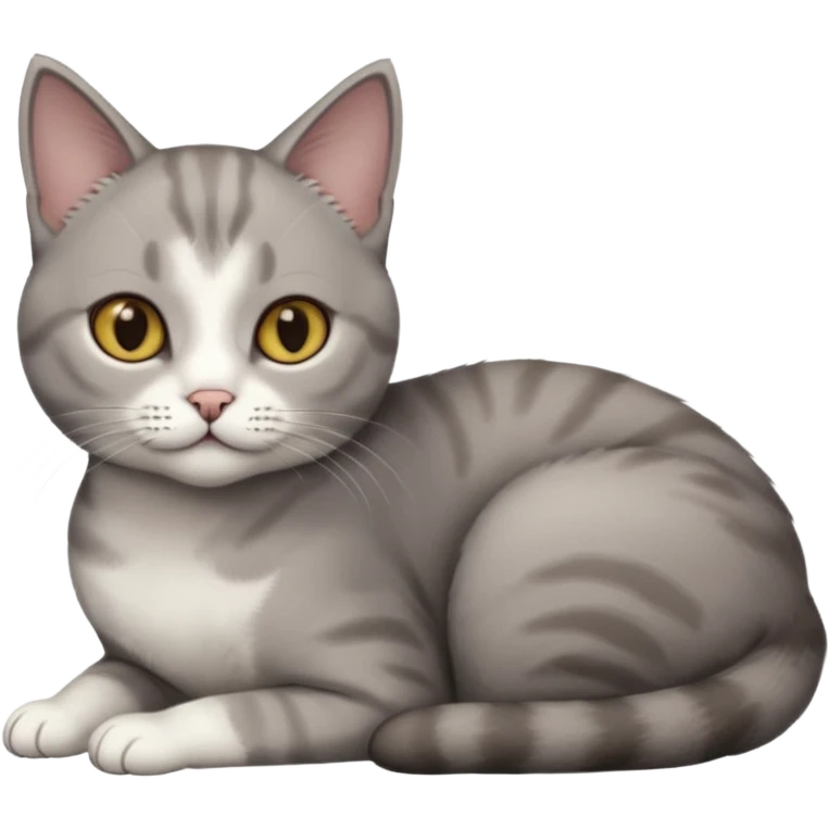 full body tiny short hair dark grey and 3/4 white cat with hazel eyes lying down emoji