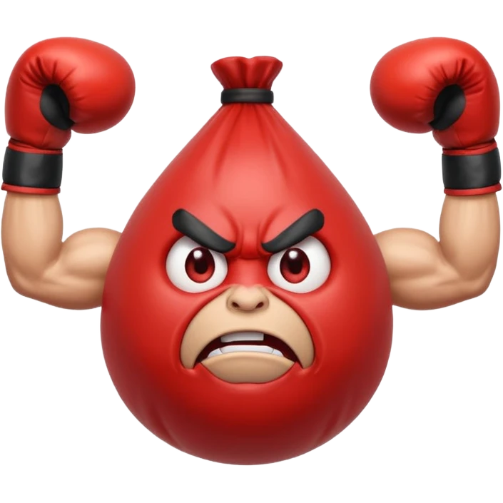 Gota de agua de color rojo con cara de enfado y unos guantes de boxeo, que tenga brazos y piernas musculados emoji