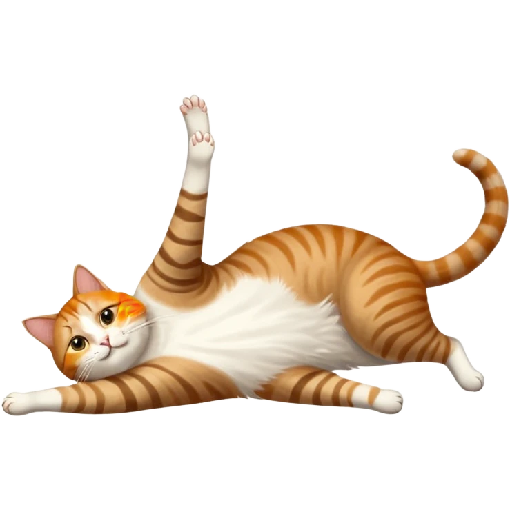 brown tabby and white cat with doing a big extremely long stretch reaching up into the air with arms and legs side by side together straight and overextended whilst lying on its side emoji