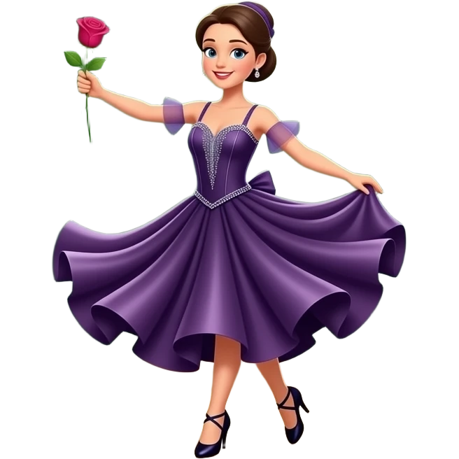 dark olive green Ballroom Dancing: a pair of ballroom dance shoes, a rose, a dance floor, a flowing, voluminous ballroom dress in motion, and a shining spotlight. The icon should represent the elegance and atmosphere of ballroom dancing, focusing on the attire and setting. Transparent background. emoji