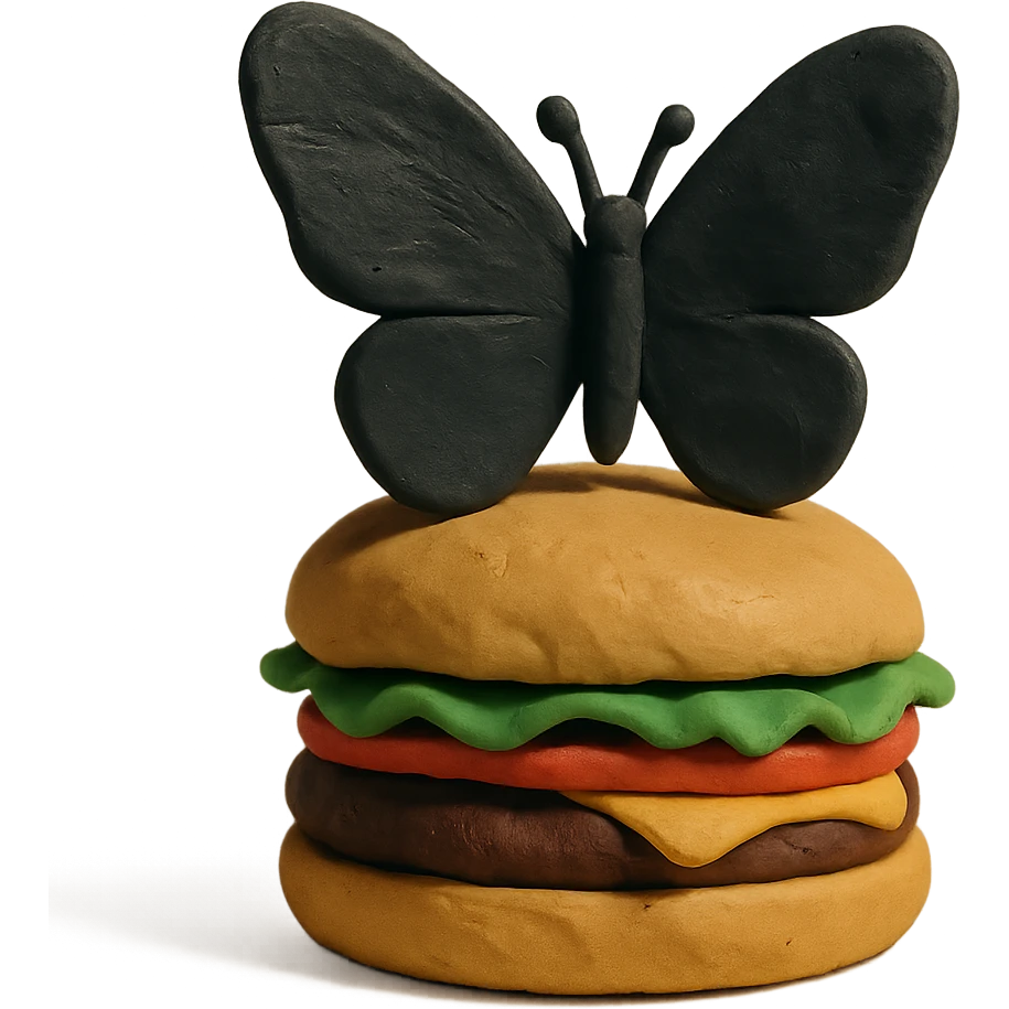 matte plasticine claymation style black butterfly sitting on a burger emoji