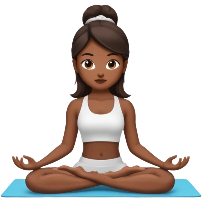 A beautiful girl with dark skin, long dark brown hair, and brown eyes, wearing white top sitting in a yoga pose, in Apple memoji style, 3D cartoon”   emoji