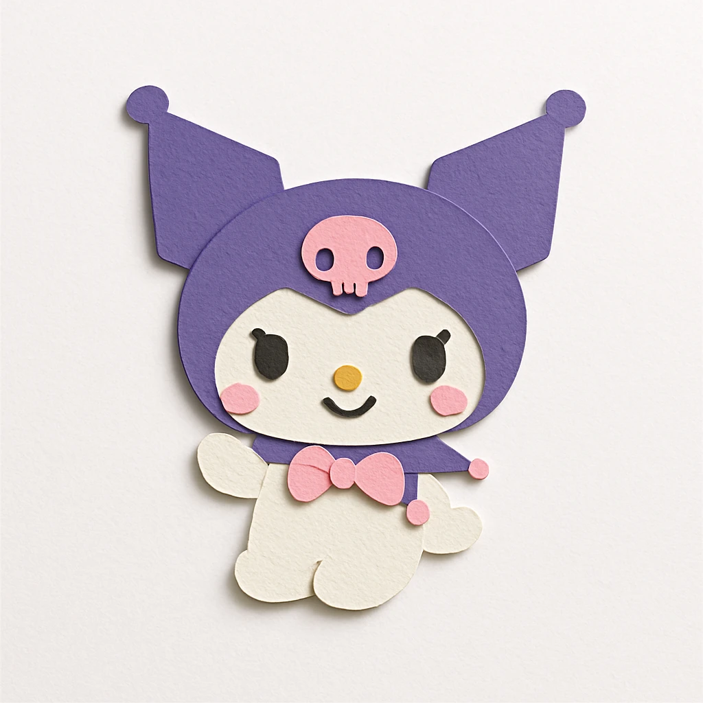 Kuromi character as a paper craft sticker with cut-out look, soft shadows, pastel palette emoji