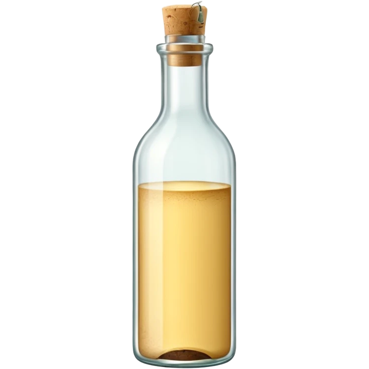 simple glass bottle with pale golden liquid inside, capped with a cork or screw cap, slender practical shape, soft label suggesting everyday use, clear light yellow hue visible through the glass, no glass, pour, or branding, closed bottle, soft lighting, subtle shadows, emoji scale emoji