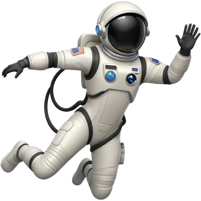 Stylized futuristic astronaut in mid-flight pose, heroic silhouette, dynamic diagonal motion lines emoji