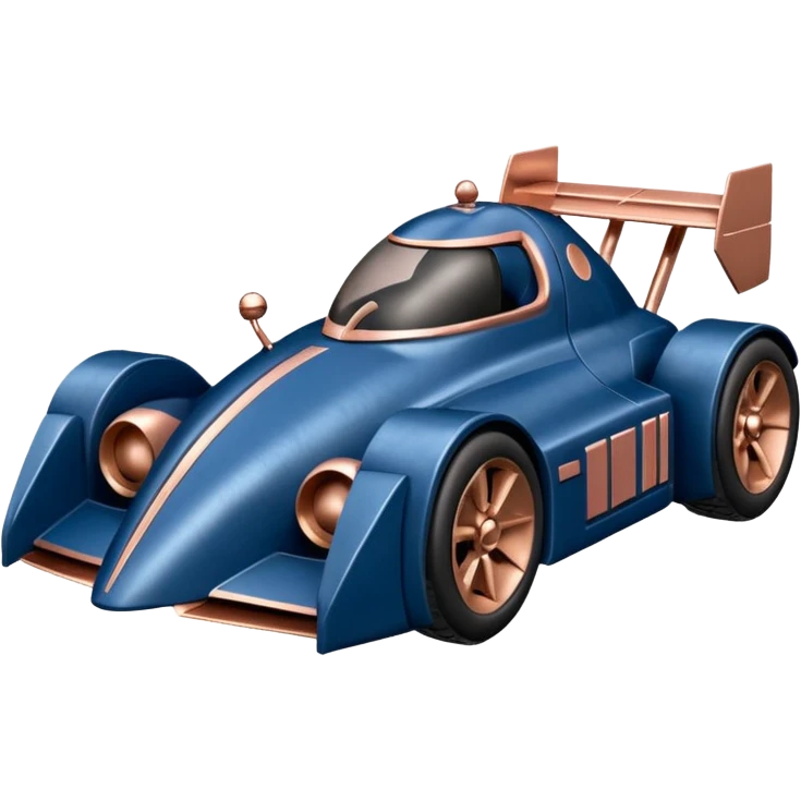  Space-weathered/Carbonized Metallic dark blue and rosegold-accented  racing car for furry-faced  evil alien scary robot teddy bear with rear spoiler (Star Wars style) emoji