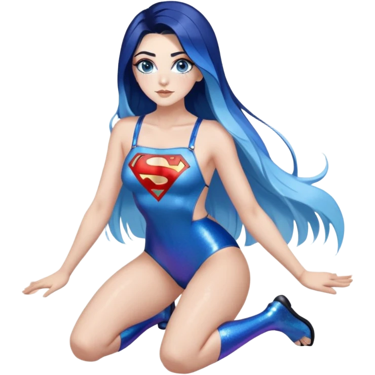 very very very large upper body-gorgeous face-on knees-very long very straight flowing dark blue to light blue hair ombre-and-blue eyes-black eyeliner-long eyelashes-iridescent bikini top with glitter superman logo-overalls shorts emoji