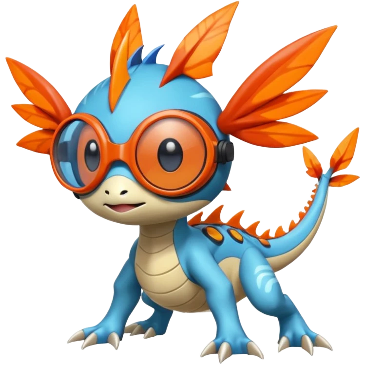 Bluish Splash-patterned emotional sparky sparky boom boom painful Meloetta-Guilmom-Salandit-Flygon-Pokémon-Fakémon-fusion-hybrid-creature with orange goggles on eyes emoji
