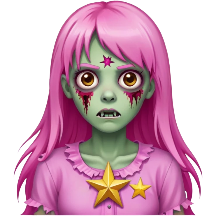 Zombie with a pink blouse, on the pink blouse there is a star and an R inside the star. (Shirt inspired by Emily Vick). The zombie has long hair and pink streaks in the bangs.  emoji