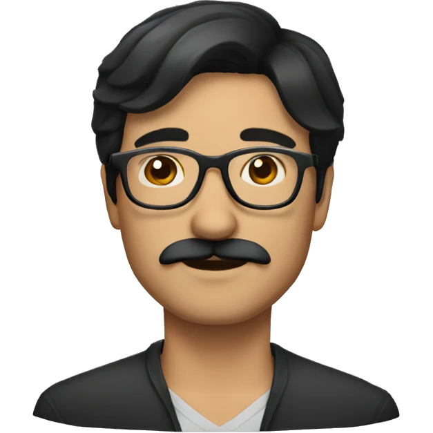 a shoulder length black-haired man, using glasses, with mustache emoji