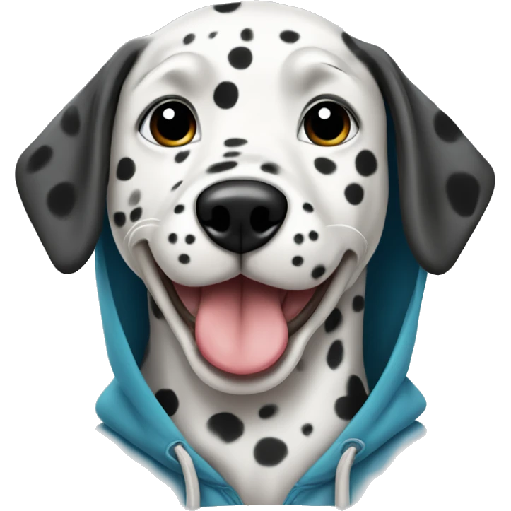 Dalmatian wearing a hoodie with a tongue out emoji