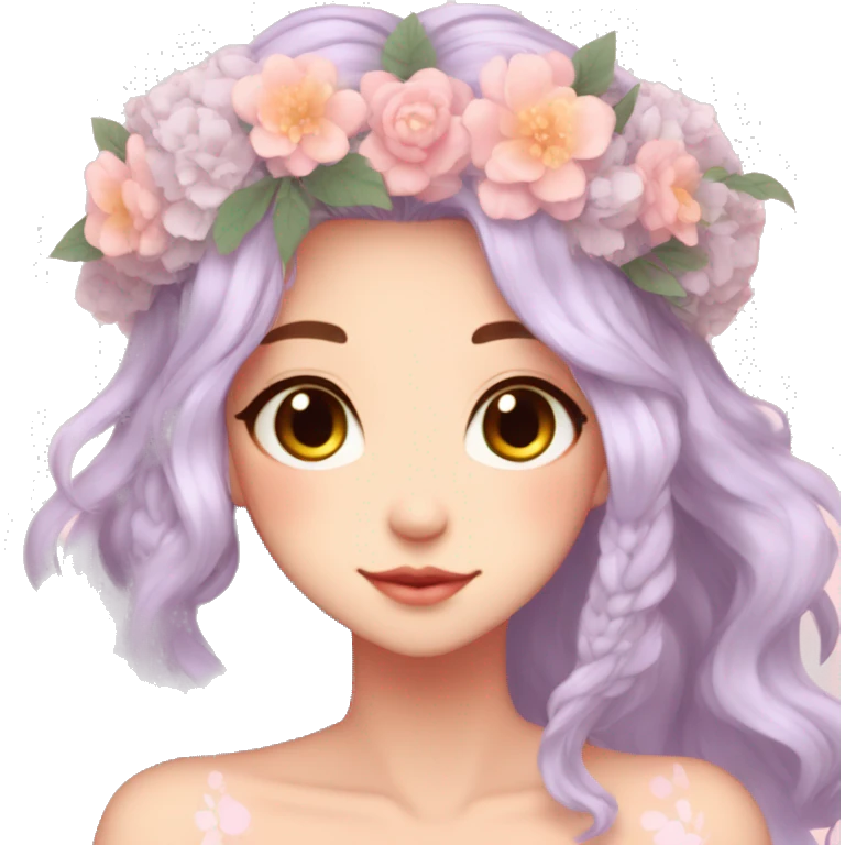 Gorgeous Pastel Anime Lady with blushing face and pretty hair with a flower crown aesthetic trending style emoji