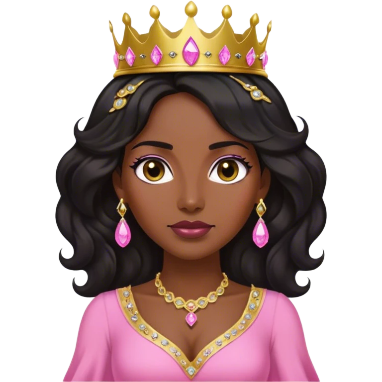 Crown dark black women with long lightly WAVY hair pink dress pink crown facing forward black hair middle age adult woman gold gems in crown gold earrings  one woman emoji