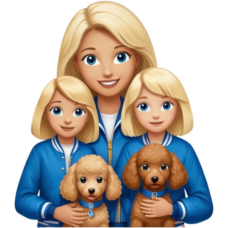 smiling mother in letterman jacket with W and Blue eyes, two Little girls Long blond straight hair and Blue eyes, one brown poodle puppie emoji