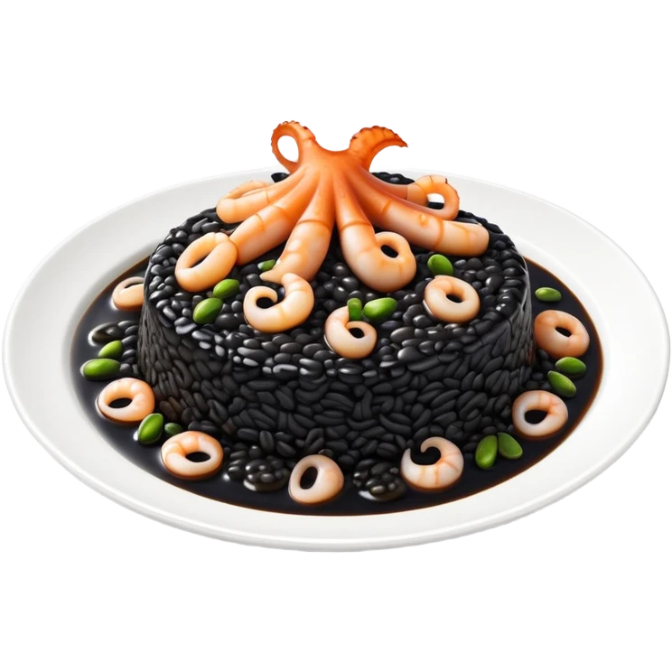 cinematic-realistic-black-risotto-dish-emoji,-showcasing-small squid pieces in black sauce -rendered-with-bold-textures-and-dynamic,-dramatic-lighting. emoji