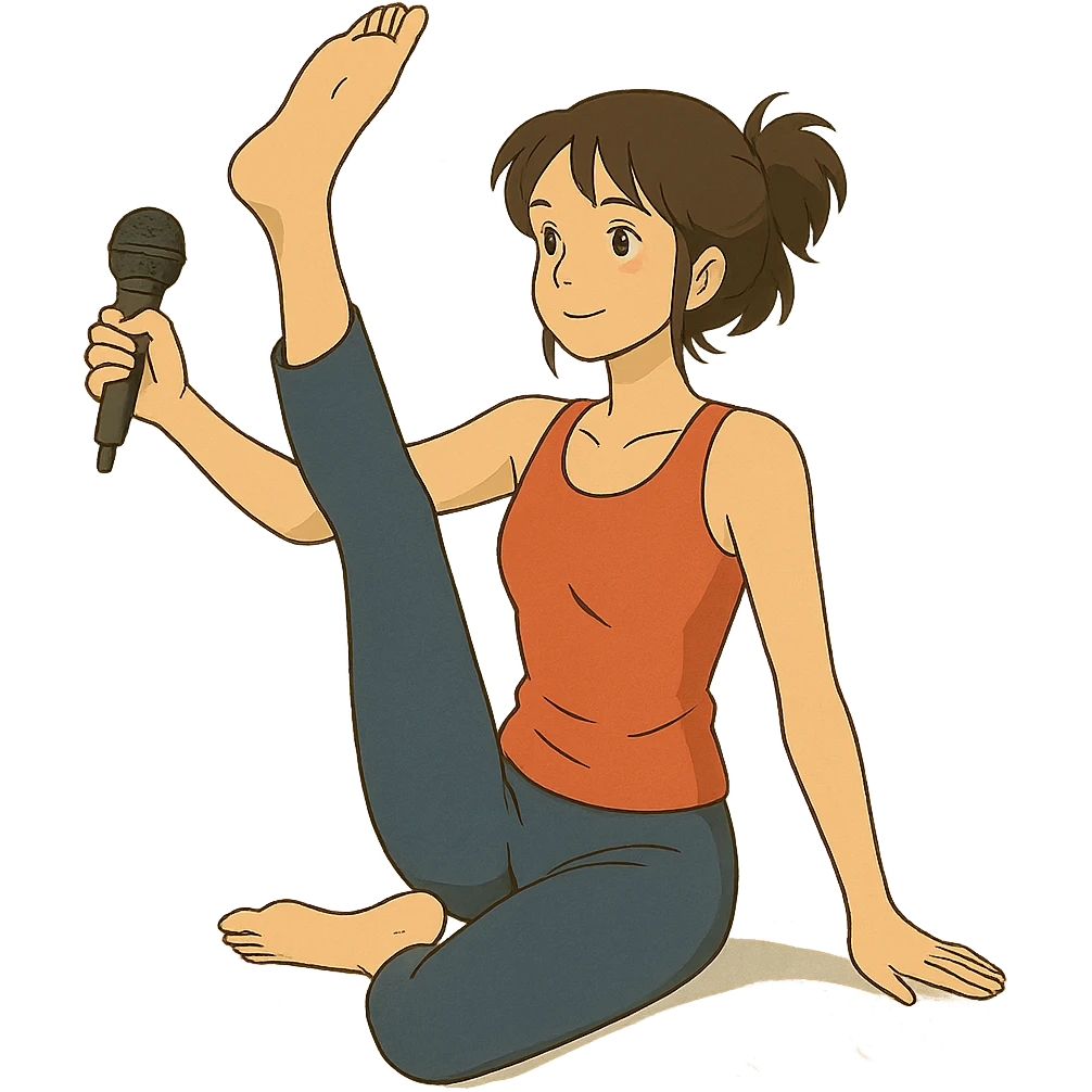 ghibli style illustration of a woman doing yoga with a microphone emoji