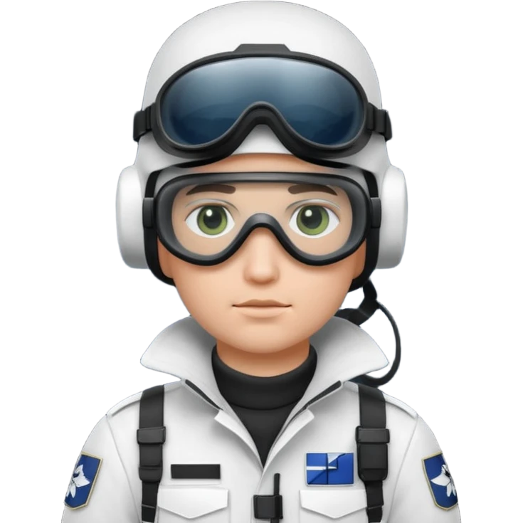 A Finnish modern soldier in a white snow uniform. with black night vision goggles emoji