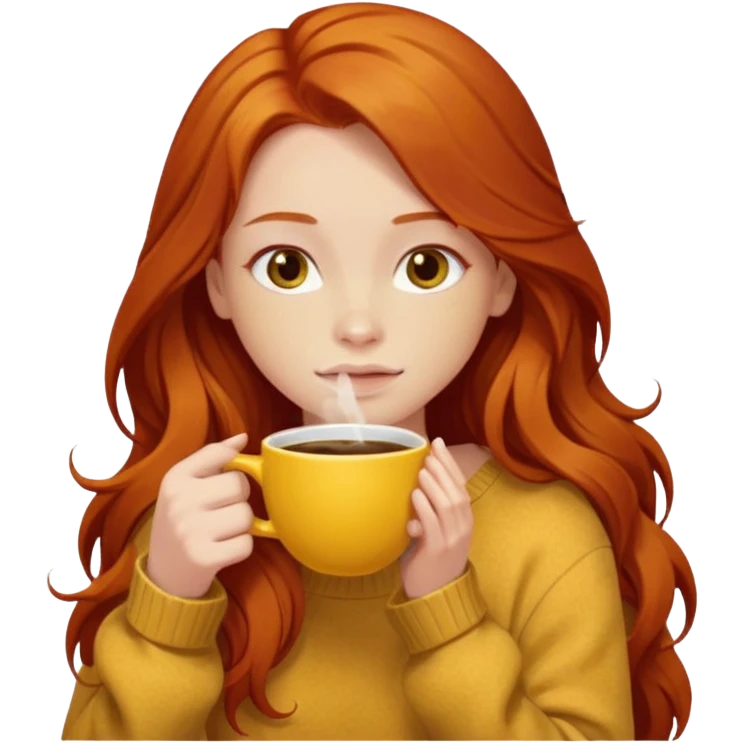 Happy long haired redhead hugging big yellow marble drinking coffee emoji