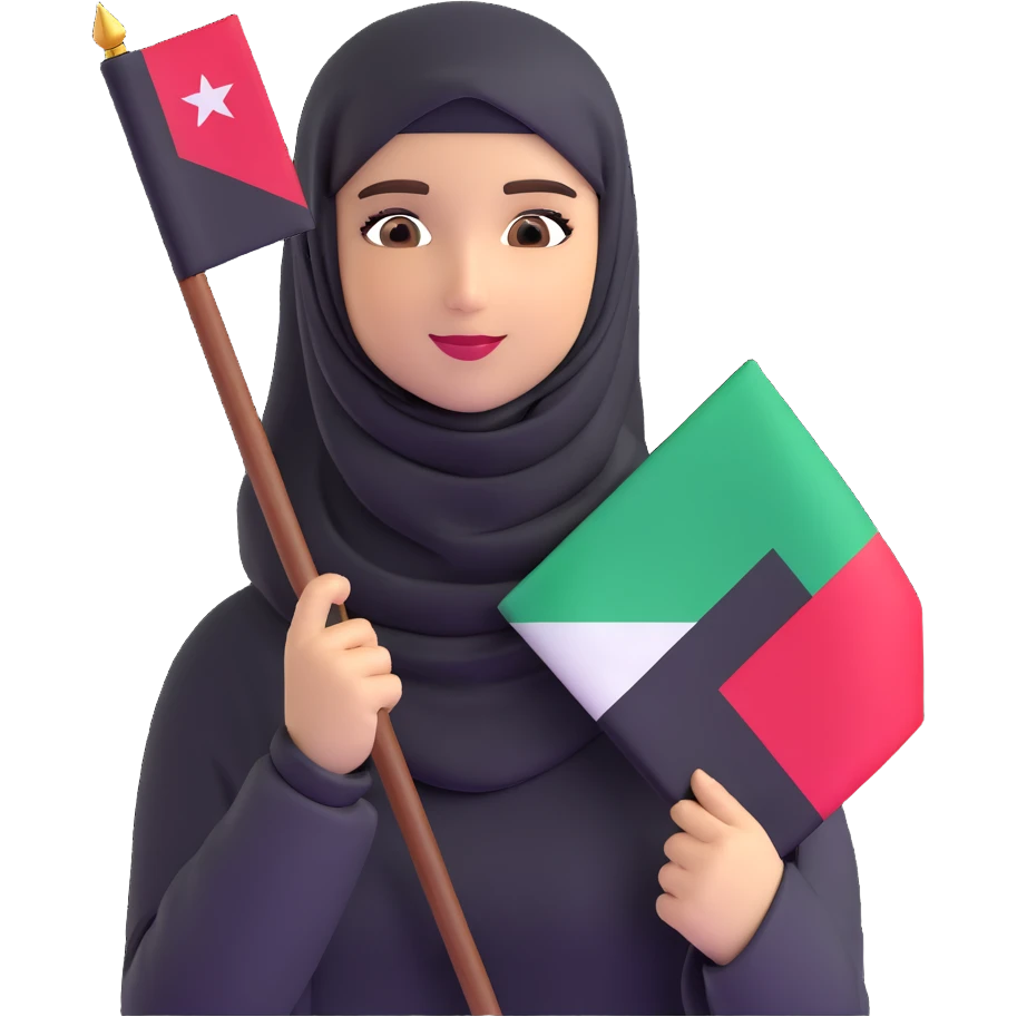 a hijab-wearing girl wearing the Palestinian keffiyeh and holding the Oman flag emoji