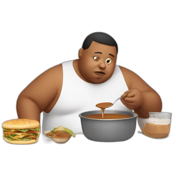 Obese man eating gravy at the computer emoji