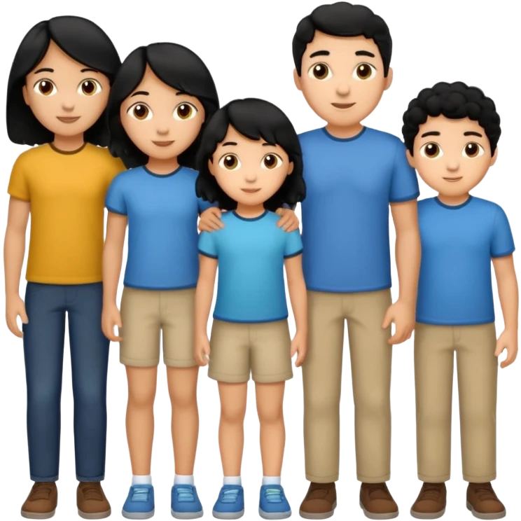 Hispanic family of five standing together, mom with long straight hair, dad with short curly hair, two boys with matching short hair, one girl with long straight hair, no raised hands, transparent background emoji