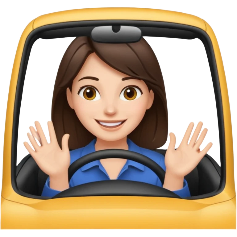 Brunette woman driving car. Happy face confidence  emoji