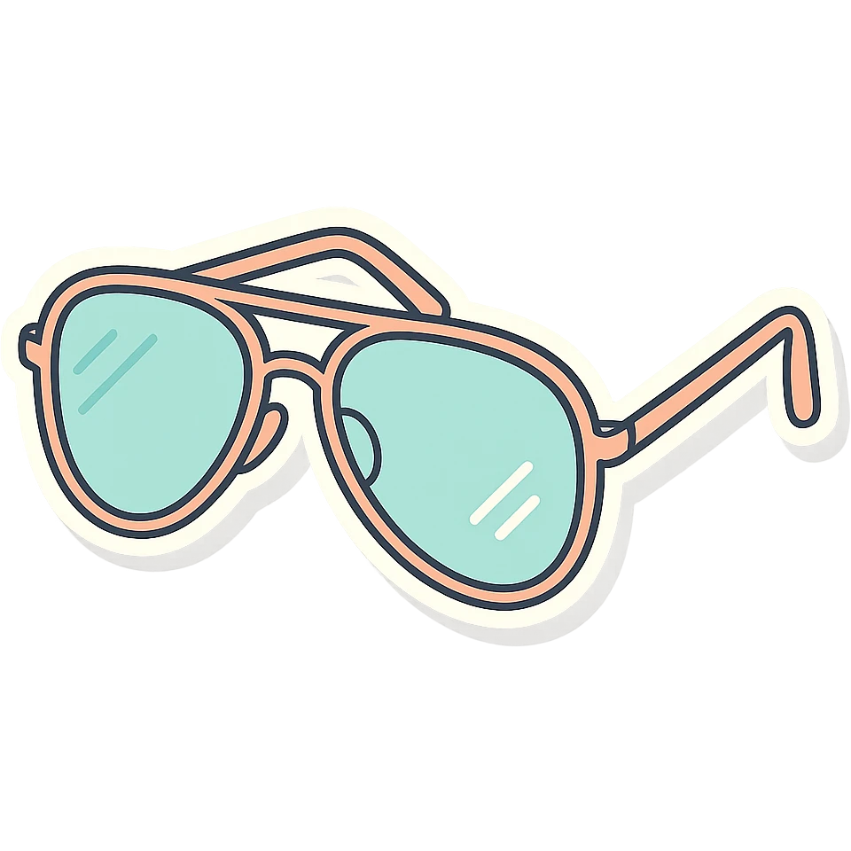 stylish eyeglasses for vision with diopters, aviator frame, three-quarter view, vector look with shadows and glare, detailed shading, thin clean outlines, pastel palette, Japanese pop art, sticker look, highly detailed, transparent background emoji